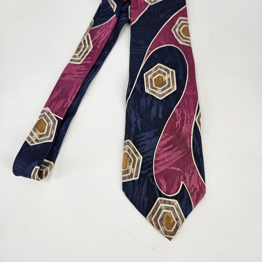 Vintage Roffe New York Paris Mens Silk Tie Abstract Geometric Navy Burgundy Gold